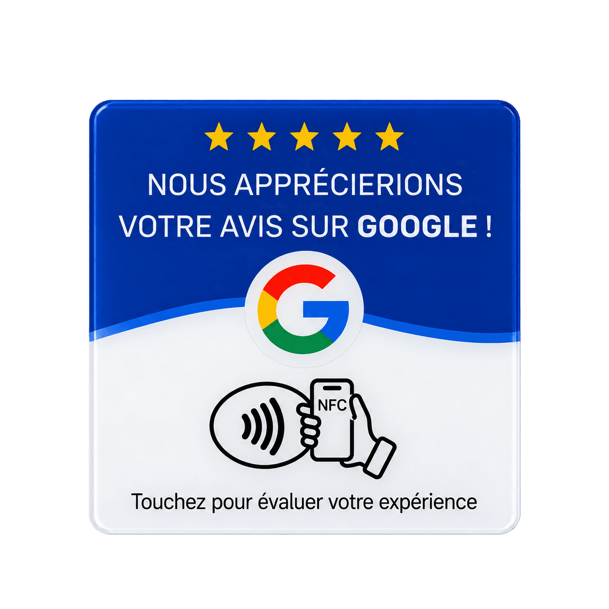 La carte MyTipTip : « Nous apprécierions votre avis sur Google », avec le pictogramme sans contact et la mention « Touchez pour évaluer votre expérience ».